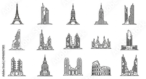 Collection of Iconic World Landmarks in Black and White Sketches.