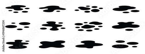 Black puddles of spilled oil, showcasing flat silhouettes of liquid ink, toxic spills, and water elements for pollution, hazard, and ecological vector design projects.