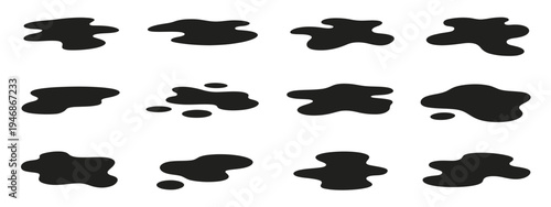 Black puddles of spilled oil, featuring liquid ink, toxic elements, water spills, and flat dark silhouette vectors isolated on white background for environmental, hazard, and nature illustrations.