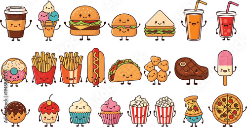 Cute Fast Food Cartoon Character Set with Burger, Pizza, Fries, Donut, Ice Cream, Soda, Popcorn and Snack Mascot Vector Illustration Collection