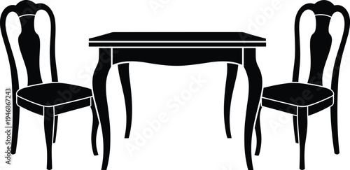 Black silhouette of modern dining table with two chairs and hanging pendant lamp isolated on white background for interior design vector illustration