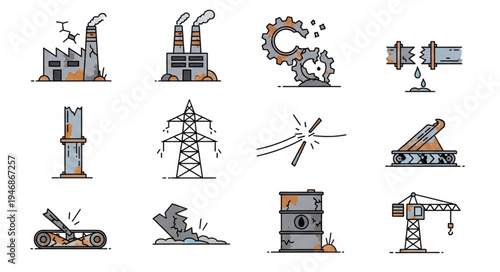 Industrial Icons Depicting Environmental Damage and Equipment Failure.
