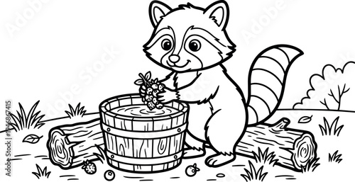 Cute smiling raccoon washing berries in wooden bucket outdoors near tree logs and grass line art vector artwork