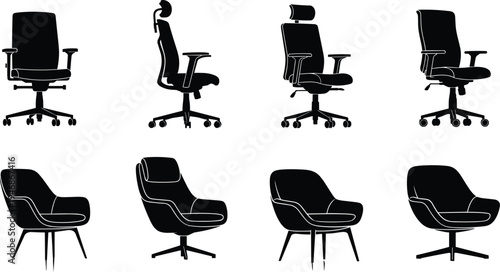 Black silhouette of modern office chairs and comfortable lounge armchairs collection isolated on white background for corporate workplace interior design vector illustration