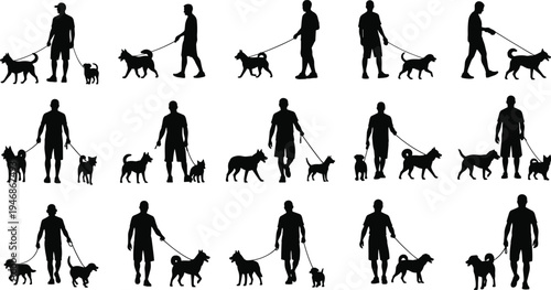 Collection of dog walking silhouettes with man and different dogs on leash, pet owner outdoor activity isolated on light background for lifestyle design