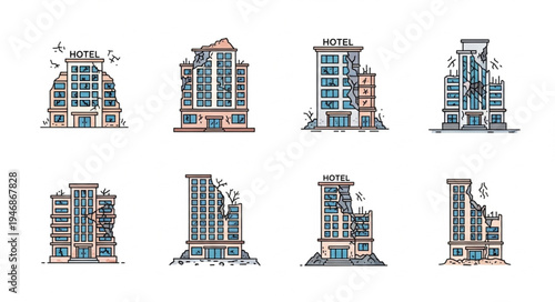 Collection of Modern Hotel Building Illustrations in Various Styles.