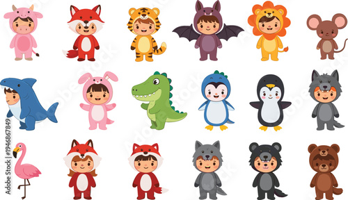 Kids Wearing Animal Costumes Character Set with Fox, Tiger, Bat, Lion, Mouse, Shark, Bunny, Dinosaur, Penguin and Bear Cartoon Vector Collection