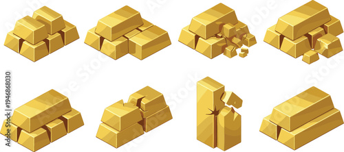 Gold Bar and Bullion Stack Icon Set with Different Piles, Broken Ingot, Treasure Metal Blocks and Wealth Investment Vector Illustration Collection
