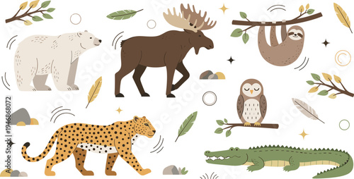 Vector Illustration Set of Wild Animals Including Polar Bear Moose Leopard Sloth Owl and Crocodile Isolated on White