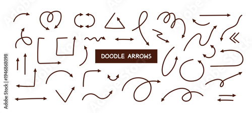 Handdrawn vector arrow set with doodle lines, loops, and playful squiggles. Sketch style design perfect for notes, pointers, and decorative elements.