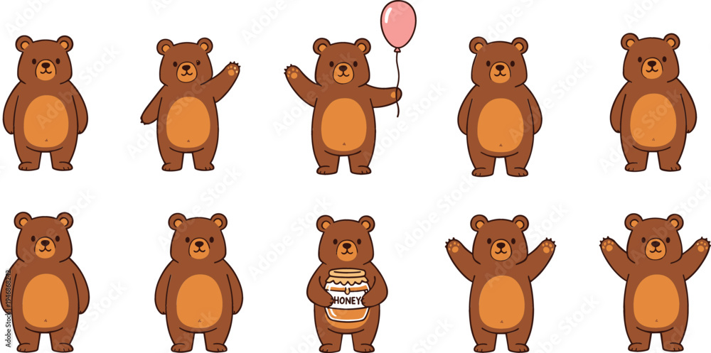 Fototapeta premium Cute Cartoon Brown Bear Character Set with Different Poses Holding Balloon, Honey Jar, Waving and Standing Woodland Animal Vector Illustration Collection