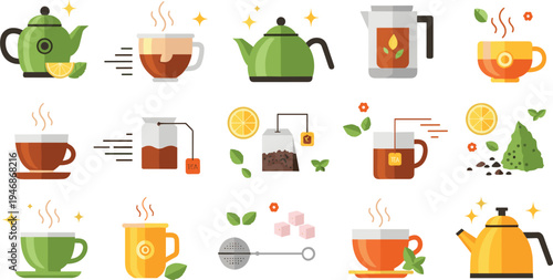 Vector Illustration Set of Tea Time Elements Including Teapots Cups Tea Bags Green Tea and Lemon Slices Isolated on White