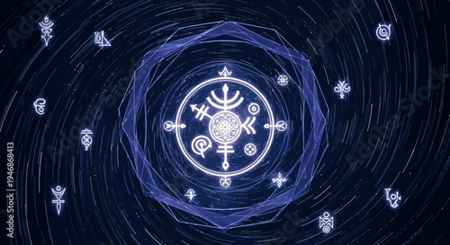 Mystical Cosmic Mandala with Esoteric Symbols in Starry Universe
