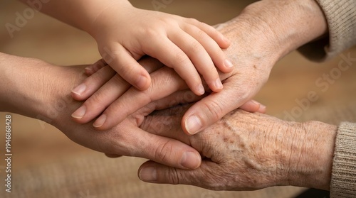 Closeup of a young and an elderly person holding hands together on a wooden surface