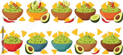 Guacamole Avocado Dip Bowl Set with Nacho Chips, Chili Pepper, Lime and Fresh Mexican Sauce Food Vector Illustration Collection