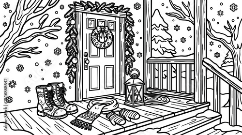 Black and white line art winter porch with boots scarf mittens wreath lantern and snow falling outside window and trees