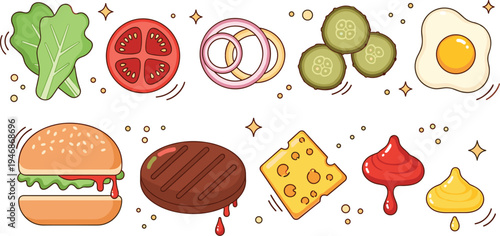 Vector Illustration Set of Burger Ingredients Including Sesame Bun Grilled Patty Cheese Slice Fried Egg and Fresh Vegetables Isolated on White