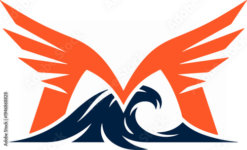 Abstract Eagle Wings Over Ocean Waves Logo Design.