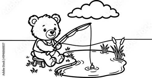 Cute cartoon teddy bear sitting on small stool fishing at pond with rod and cloudy sky outline vector art design