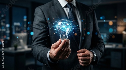 Businessman in suit holding glowing light bulb with digital brain representing artificial intelligence innovation technology and creative business strategy