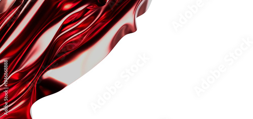 Abstract 3D rendering of red silk fabric. Flowing elegant waves on a white background, representing luxury and softness