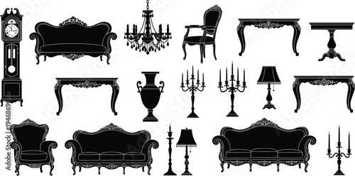 Black silhouette of vintage antique baroque furniture collection with luxury sofas chairs tables chandelier and grandfather clock isolated on white background vector illustration
