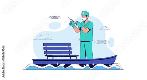 Doctor in boat with syringe, healthcare, vaccination, medical concept, isolated on white