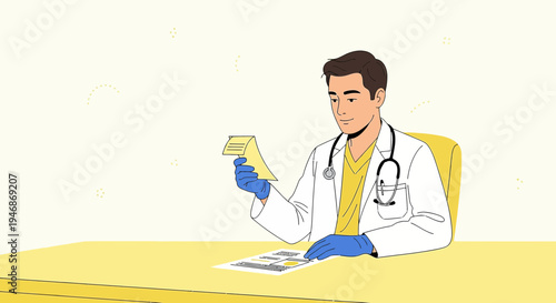 Doctor Holding Prescription, Sitting at Desk with Medical Documents