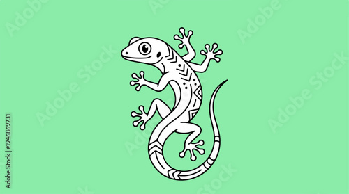 Artistic illustration of a white lizard on a green background.