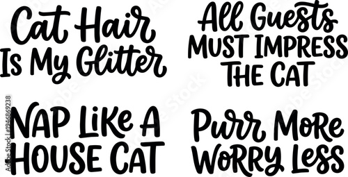 Hand lettering cat quotes set with playful sayings about cats and pet attitude in black script style on white background
