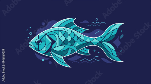 Artistic turquoise fish illustration on a dark blue background with details.