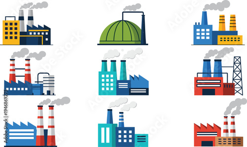 Industrial Factory and Power Plant Icon Set with Smoke Chimneys, Manufacturing Buildings, Energy Production Facilities, and Heavy Industry Infrastructure Vector Collection