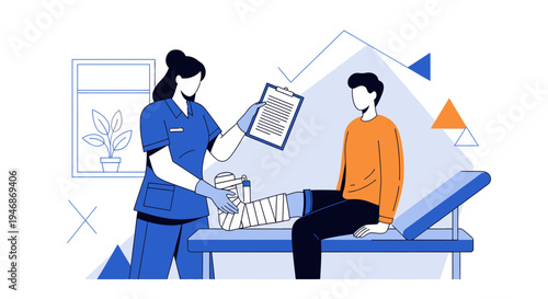 Doctor examining patient's bandaged leg on examination table, medical consultation