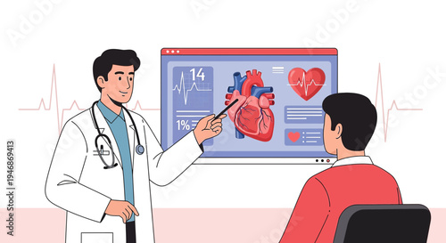 Doctor explaining heart health to patient with digital display of anatomy and EKG