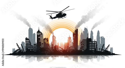 Helicopter flying over city skyline.