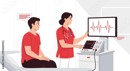 Doctor examining patient's heart rhythm on monitor, medical checkup, cardiology