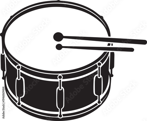 Drum instrument silhouette vector line art with drumsticks for musical rhythm and beating