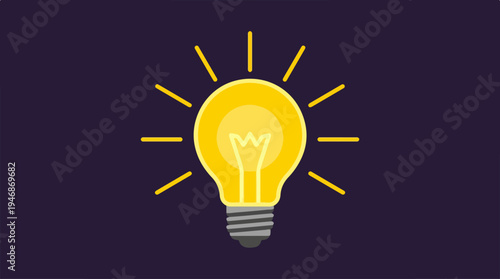 Bright yellow light bulb radiating energy and illumination on dark background.