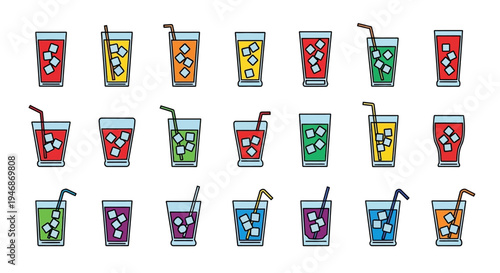 Colorful drinks with straws side view.