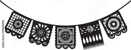 Papel picado garland silhouette vector illustration, mexican fiesta decoration line art