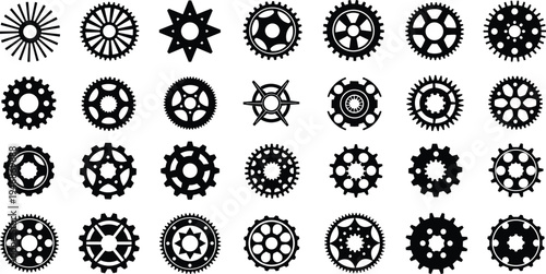 Collection of mechanical gear and cogwheel silhouettes set, industrial machine gear icons isolated on light background for engineering, technology and manufacturing design