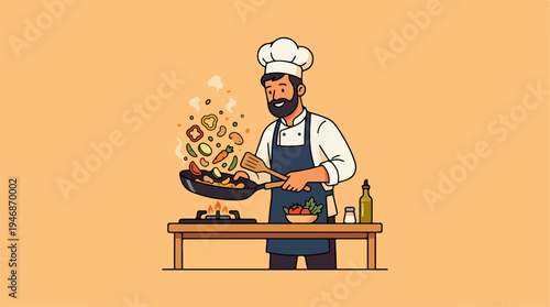 Chef cooking delicious food in a professional kitchen setting.