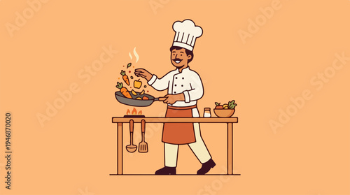 Chef cooking food in a pan with vegetables and ingredients.