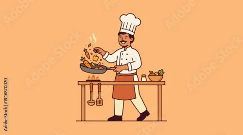 Obraz Chef cooking food in a pan with vegetables and ingredients.