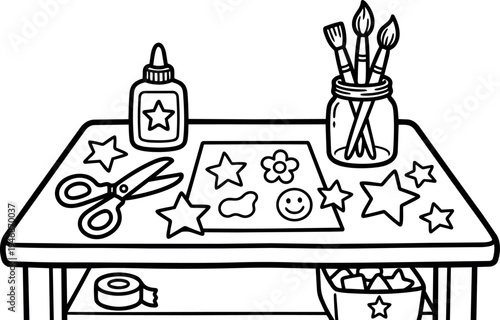 Black and white line art of crafting table with scissors glue jar brushes paper stars and flower designs art supplies