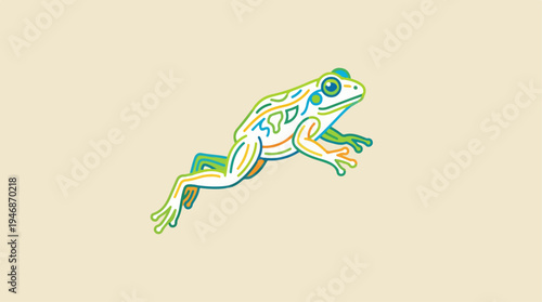 Colorful frog illustration leaping across a light background.