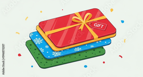Stack of Gift Cards with Festive Designs and Ribbon.