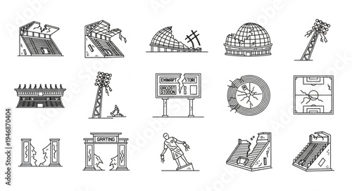 Collection of Black and White Architectural and Recreational Illustrations.