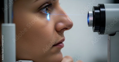 Young woman undergoing advanced eye scan with blue laser in ophthalmology clinic for vision correction treatment and medical diagnostic.
