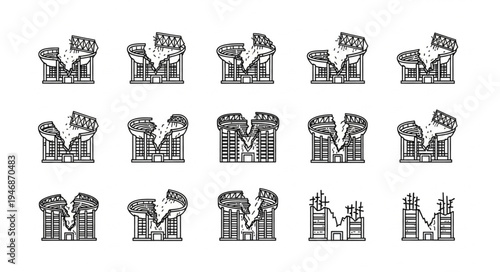 Stylized Industrial Complex Illustrations - Black and White Line Art.